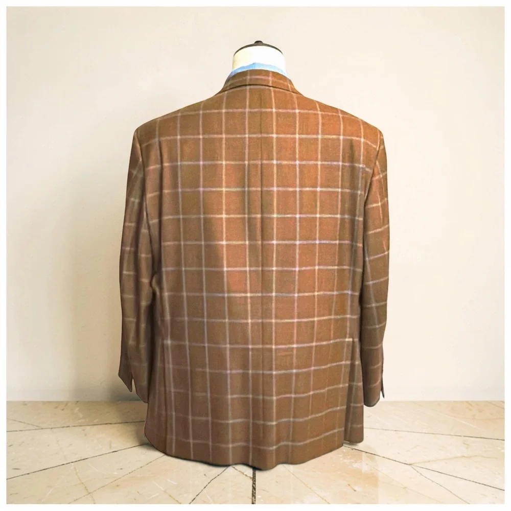 Tom James Custom 3-Piece Suit | Windowpane | Gold Buttons | Classic Tailored